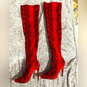 Snake Skin Red Thigh High Boots